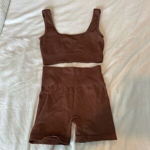 brown ribbed workout set size s